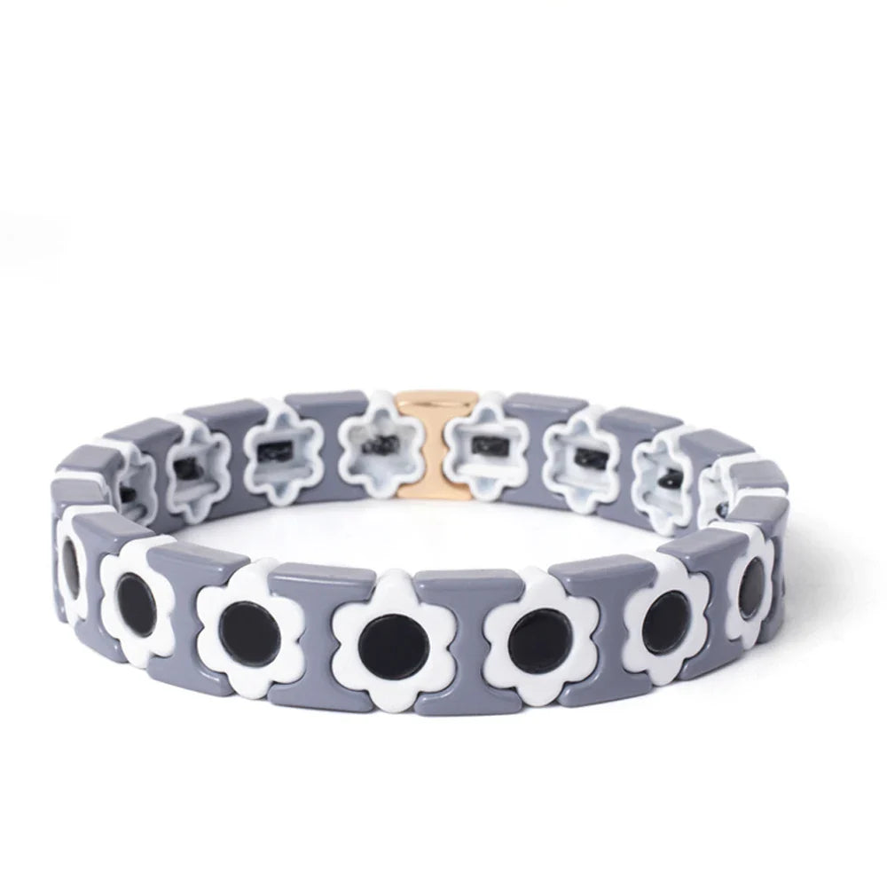 New Design Colorful Flower Charms Bangle For Women Handmade Bohemian Elastic Flower Bracelets Metal Beads Jewelry