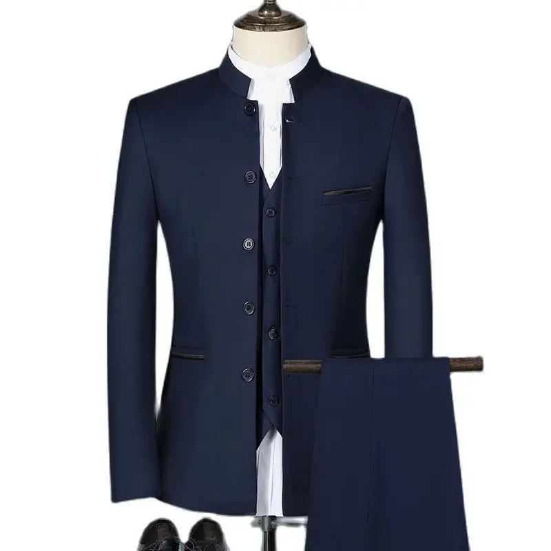 Tuxedo for Mens: Men's Casual Boutique White Stand Up Collar Chinese Style 3 Pcs Suit