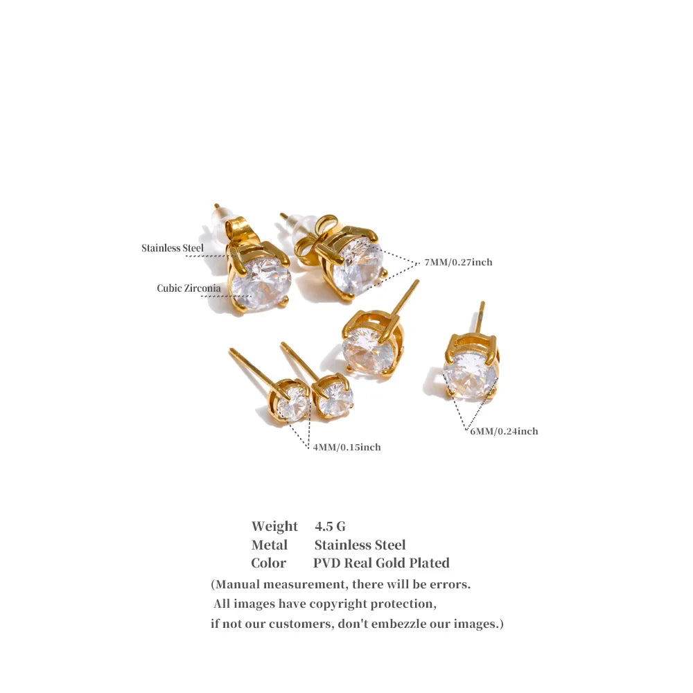 Yhpup 1Set High Quality Shiny Cubic Zirconia Round Stud Earrings Daily Stainless Steel Versatile Premium Jewelry Party Gift