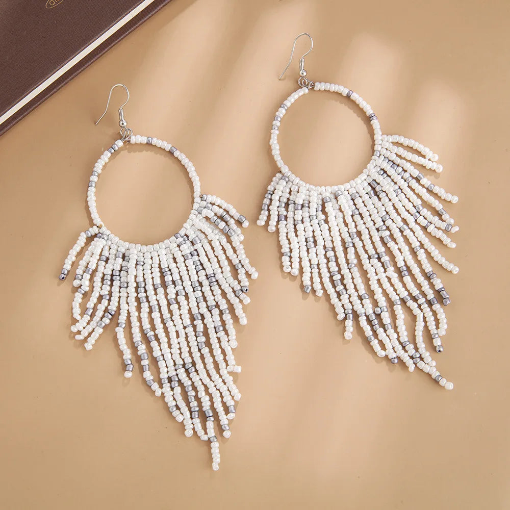 MYYA  White Rice Beads Earrings For Women Retro Boho Tassels Water Drop Earrings Exaggerated Ethnic Style Earrings Jewelry