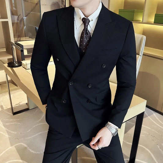 British Style Double Breasted Design Men's Suit Formal Business Slim Fit Casual Suits