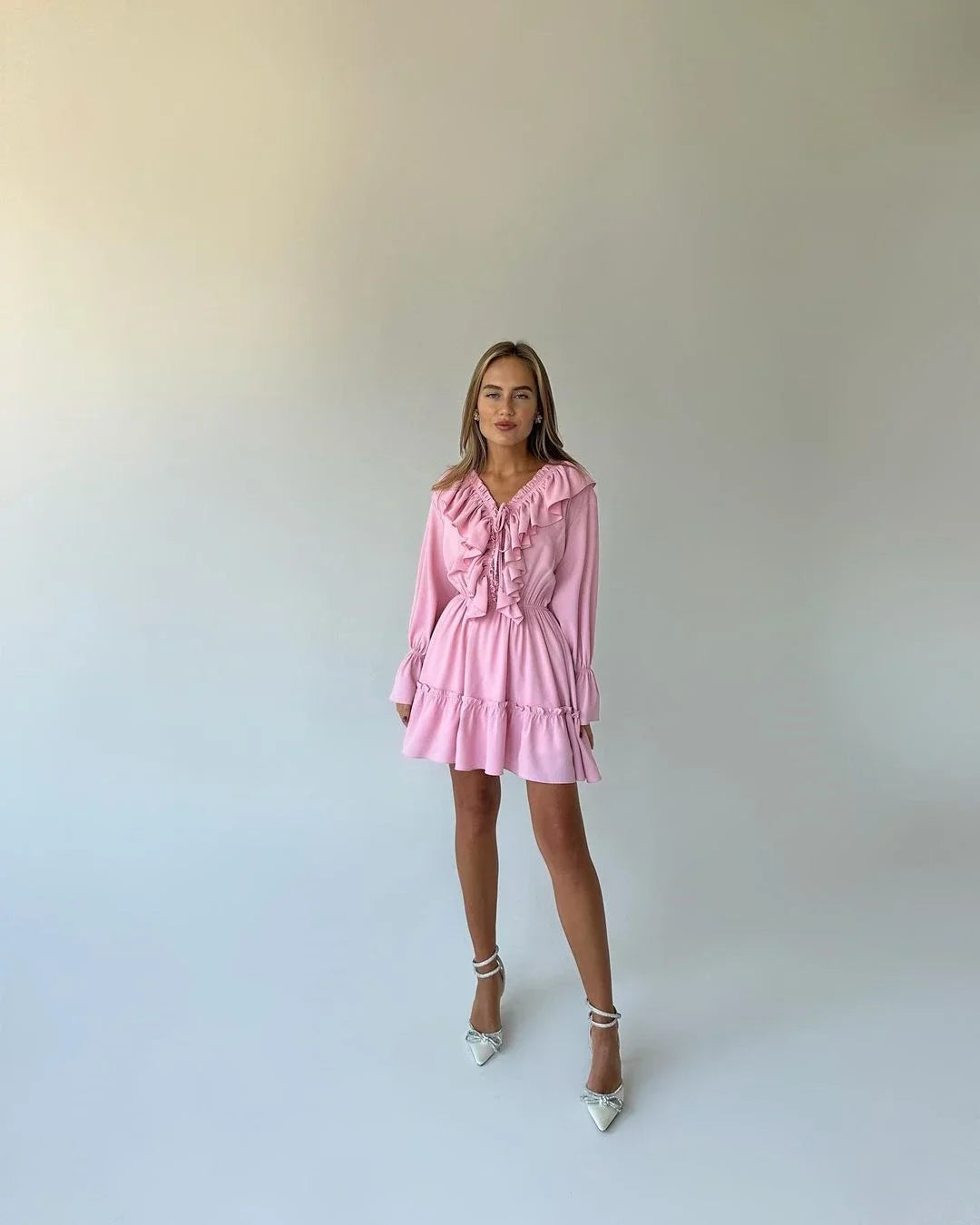 Talenza White Ruffle Bandage Mini Dress Women's Elegant Patchwork Long Sleeve Dress New Slim V Neck Lace Up Summer Mini Dress