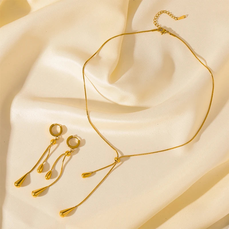 316L Stainless Steel Geometric Teardrop Tassel Necklace Earrings For Women