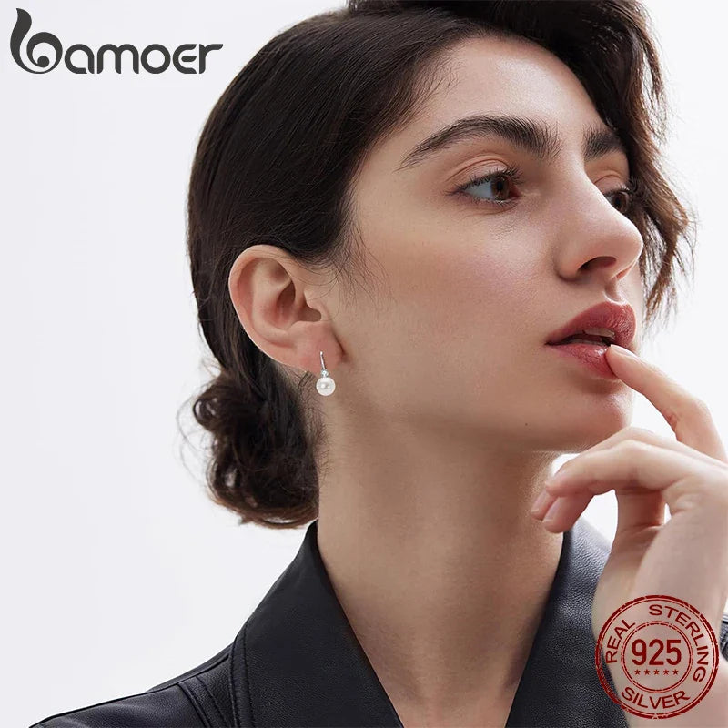 BAMOER Moissanite Freshwater Pearl Earrings for Women Wedding, Round Cut Lab Diamond 925 Sterling Silver Drop Dangle Ear Buckles