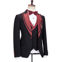 Cenne Des Graoom Elegant Suits for Men Black and Red Tuxedo Jacket Vest Pants