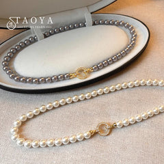 French Elegant Micro Set Zircon Round Buckle Imitation Pearl Beaded Necklace