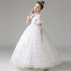 Child Girls Evening White Dress for Wedding Elegant Party Formal Sequin Long Dresses Puff Sleeve Birthday Frock Ball Gown