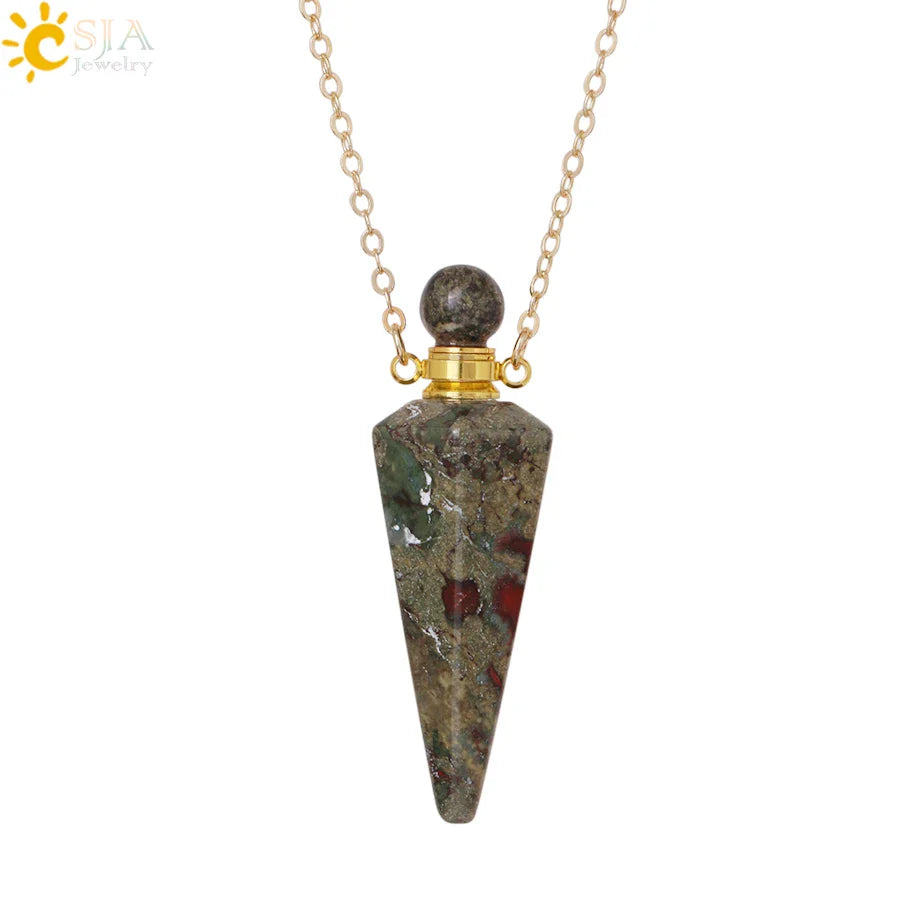 Natural Stone Cone Perfume Bottle necklace Healing Clear Quartz Crystal Pendant Reiki Essentials Oil Diffuser Vial Necklace H119