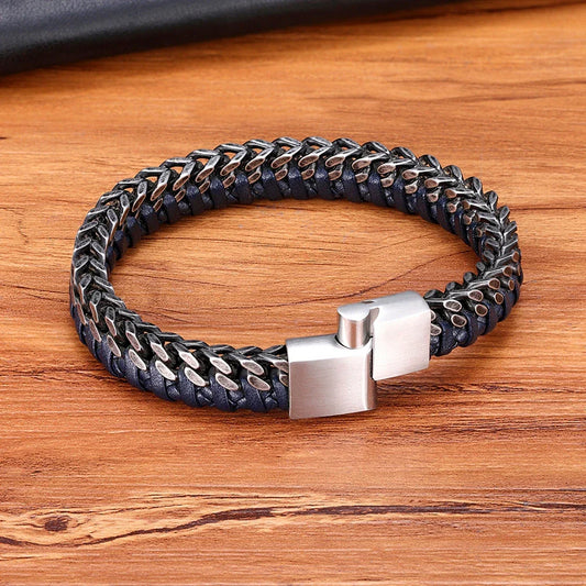 TYO New Fashion Stainless Steel Double Chain Braid Leather Mens Bracelet with Magnetic Buckle Best Gifts Whoesale Dropshipping