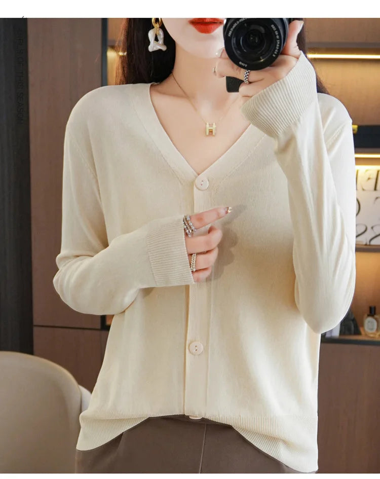 Summer Korean Version Thin Solid V-Neck Ice Silk Knitted Long Sleeve