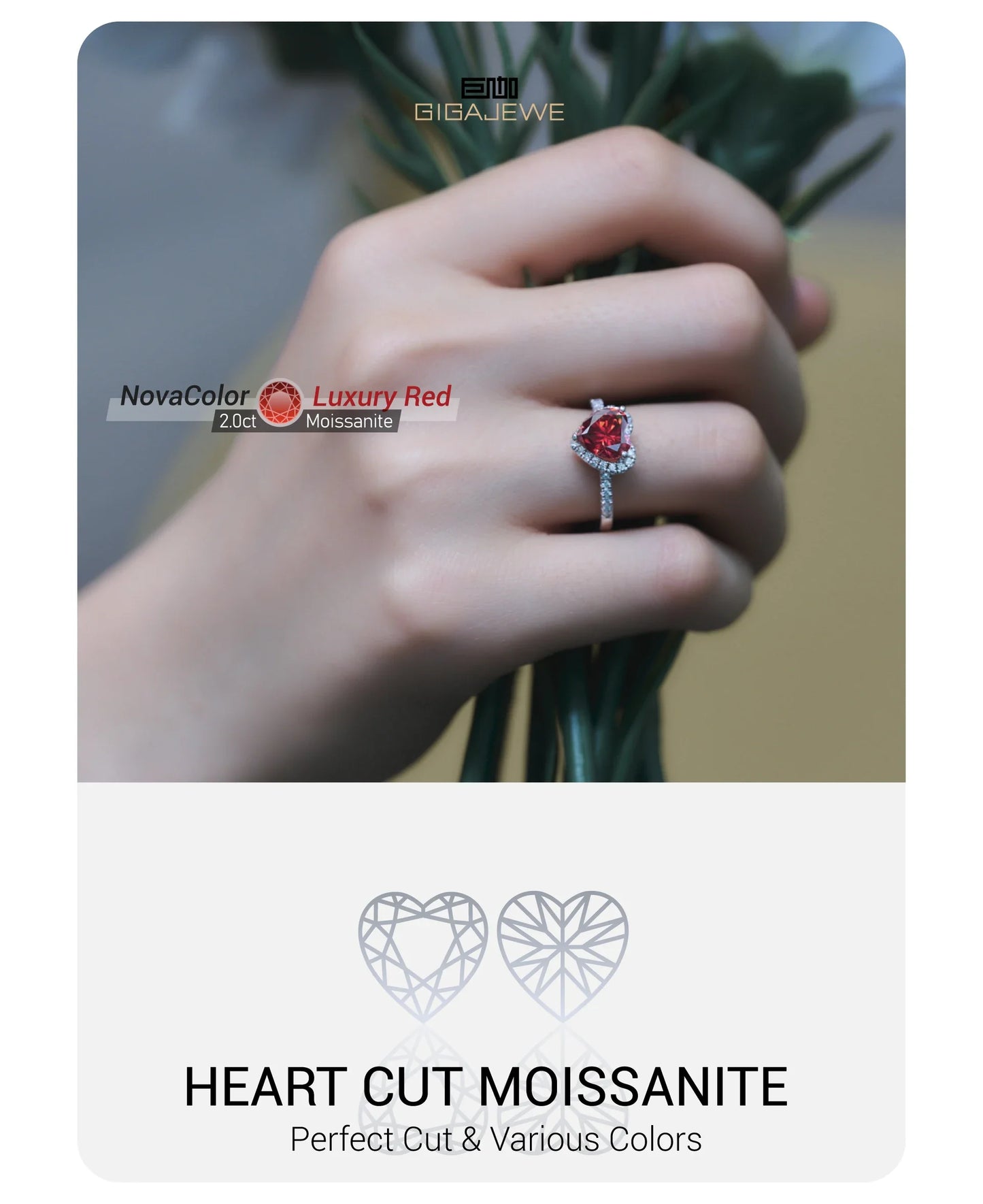 GIGAJEWE Moissanite  2.0ct 8.0mm Pink Color VVS1 Heart Cut 925 Silver Ring Diamond Test Passed Fashion Woman Girlfriend Gift