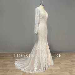 Mermaid Wedding Dress Long Sleeve V-Neck Illusion Back Bridal Gown