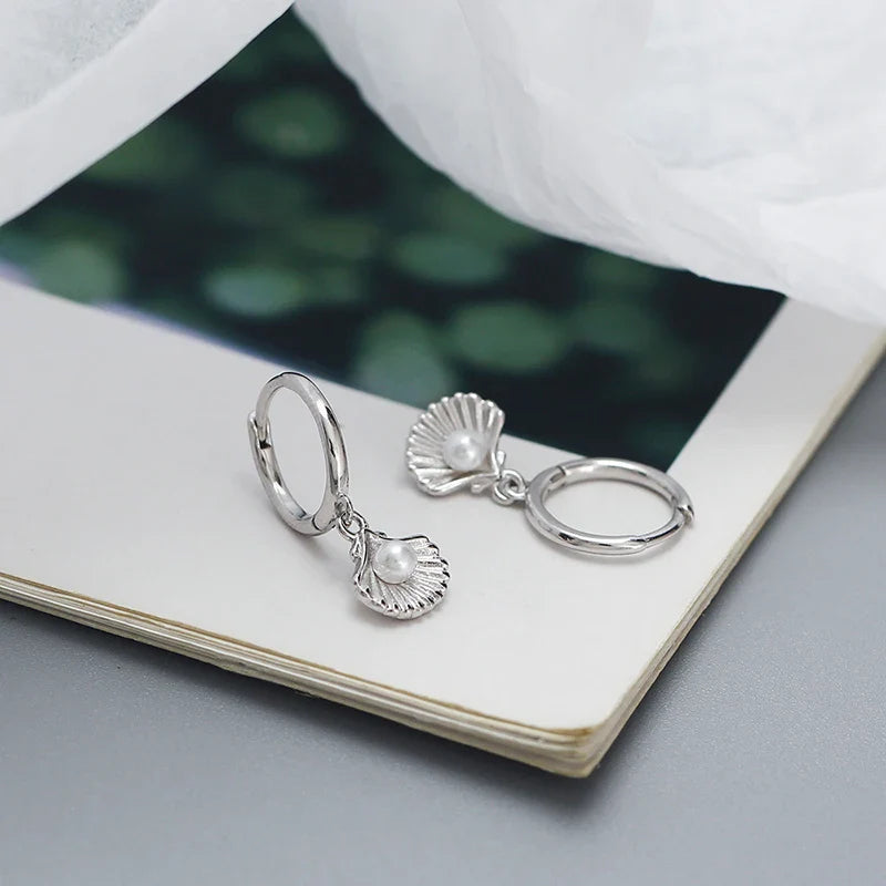 WANTME 925 Sterling Silver Romantic Sea Shell Pendant Synthetic Pearl Drop Earrings for Women Trendy Beach Bohemian Part Jewelry