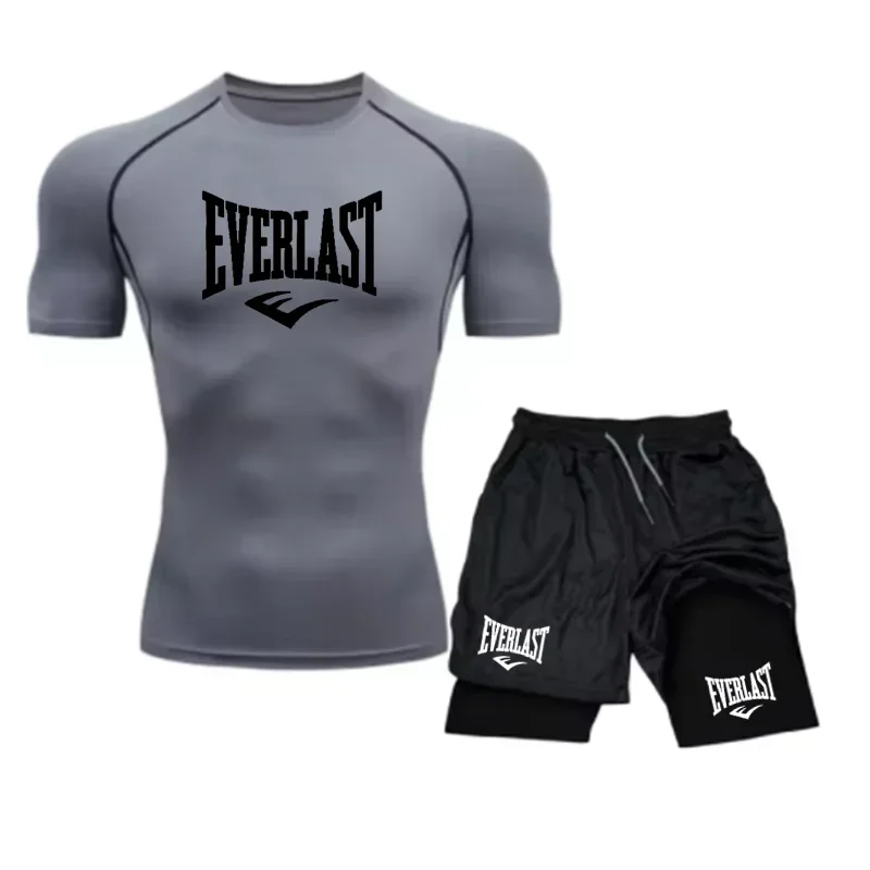 EVERLAST Men's Compress Shirt + 2-in-1 sports shorts 2pcs Set Leisure Breath Short Sleeve Sport Jogging Gym Brand Print Clothing