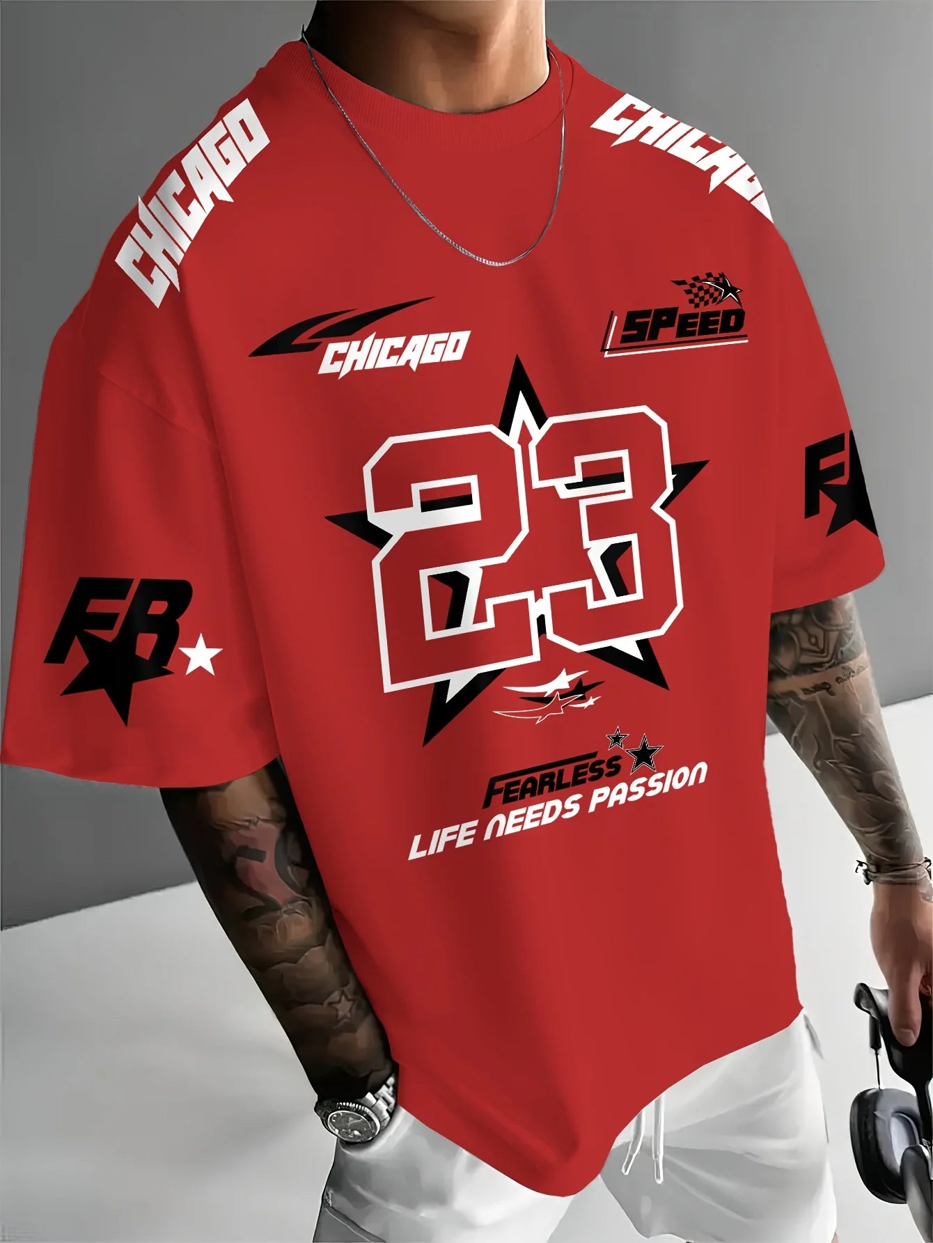 New Summer Men's Chicago Black Red and White Printed 23 Pattern Round Neck Breathable Casual T-shirt Loose Outdoor Top