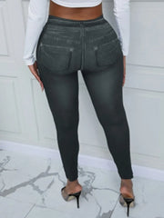 Women Imitation Denim Plus Size Casual Mid Waist Slant Pocket Stretchy Solid Pants