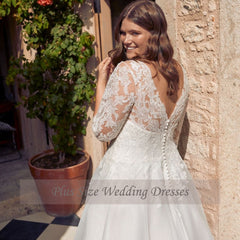 Wedding Dresses Plus Size V-Neck 3/4 Sleeves Bride Gowns Appliques