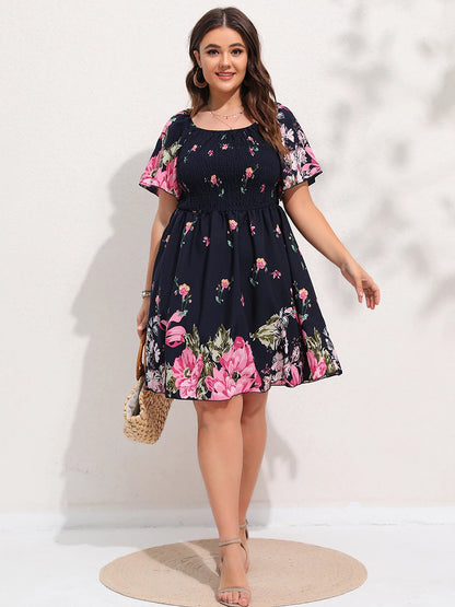 Finjani Allover Floral Print Shirred Midi Dress Plus Size Lantern Sleeve High Waist Dresses For Women 2023 Summer