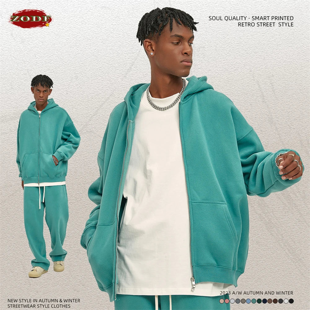 Men Double Headed Zipper Fleece Hoodies Unisex Loose Basic Solid Warm Hooded
