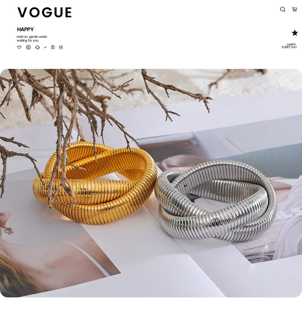 Yhpup 316L Stainless Steel Wide Heavy Metal Stackable Bracelet Bangle Waterproof 18K PVD Plated Texture Charm Statement Jewelry