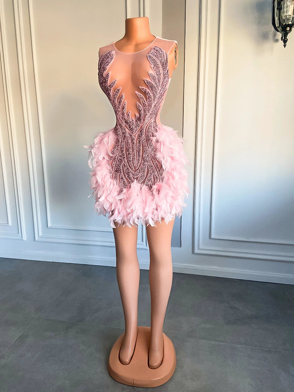 Evening wear Dresses: Women Cocktail Dress Pink Feather Black Girl Short Prom Dresses