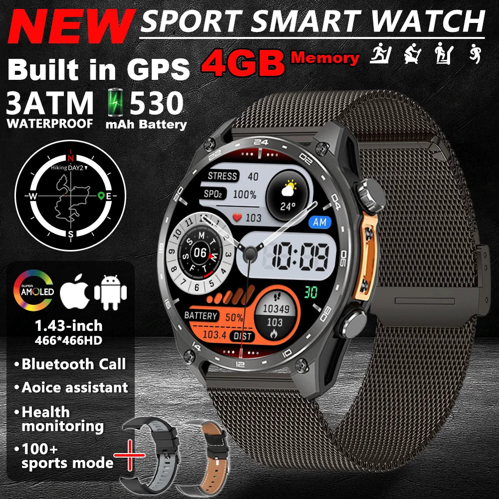 2025New Built-in GPS Offline Map Position Smart Watch Men 4GB Memory 3ATM Waterproof MP3/4 Compass BT Call Swim Sport Bracelets