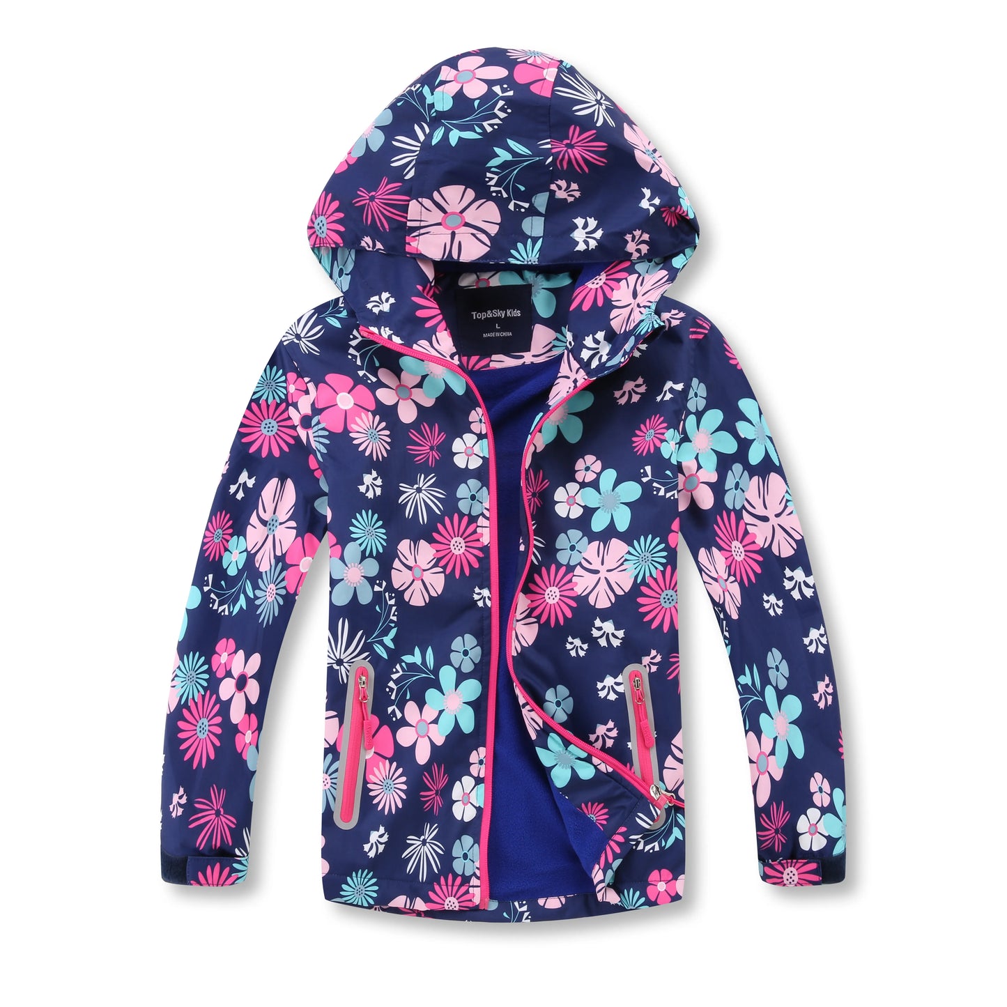 Girls Flower Navy Rain Jacket for Waterproof Coat Lightweight Hooded Warm Lined Raincoats Windbreakers