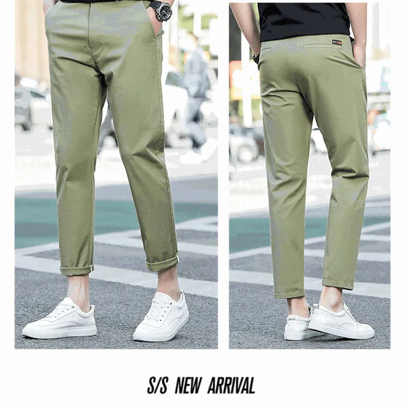 Summer Ankle Length Casual Pants Mens Clothing Stretch Black Green Suit Trousers