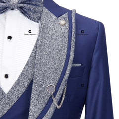 Cenne Des Graoom Elegant Men Suits Blue Tuxedo 1 Button Blazer Vest Pants with Bowtie 4pcs