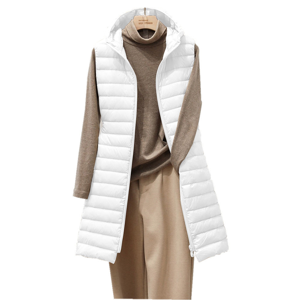 female autumn and winter medium long hooded light down padded jacket waistcoat