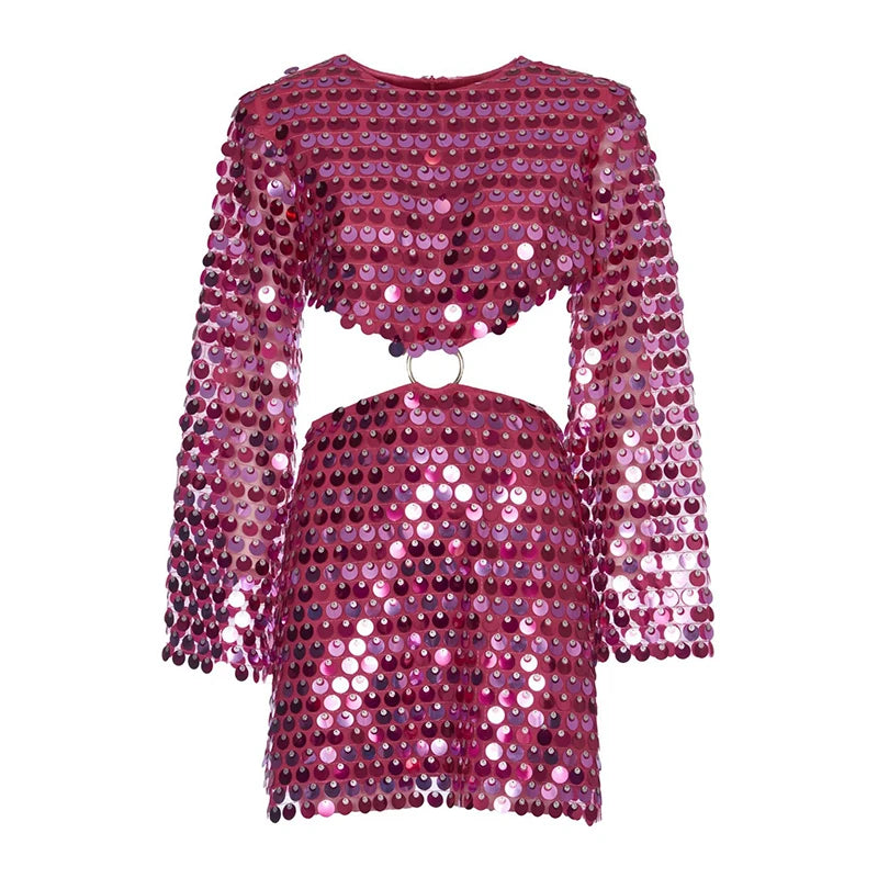 Evening Dress: Mini Dress Woman Fashion Long Flare Sleeve Slim Glitter Dresses