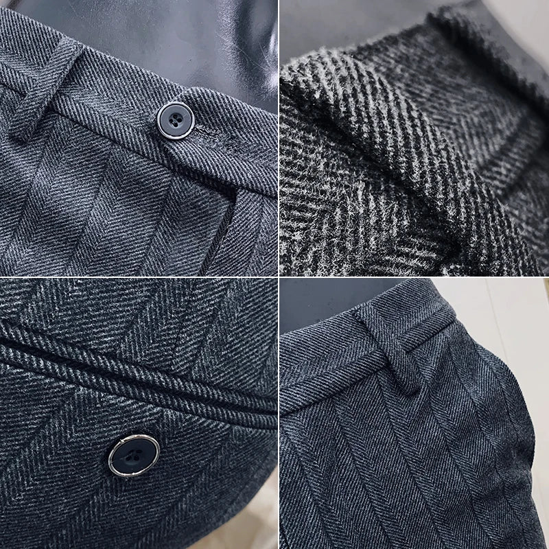 Men Dress Pants Woolen Warm Business Formal Social Suit Pants Casual Slim Striped Fit