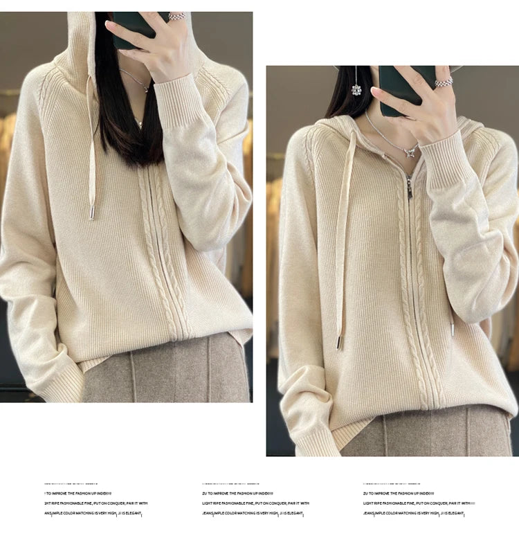 autumn and winter hooded cardigan women's knitted top loose sweater casual