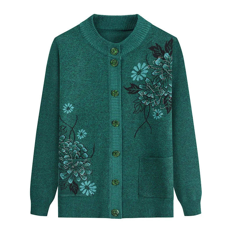 Print Middle-Aged Elderly Mother's Spring Autumn Long-Sleeve Sweater Women
