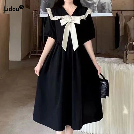 Baby Collar Academy Bowtie Dress Women's Summer Korean