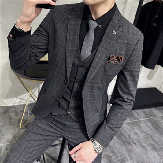 3 Pieces Men's Suit Set for Wedding Blazer Pants Sets Classic Plaid Suit Slim Fit