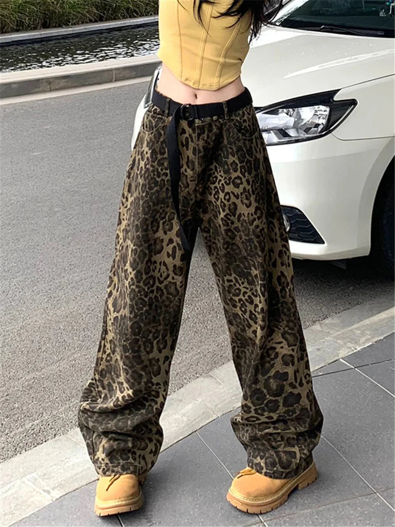 Women Fashion High Street Wide Leg Punk Leopard Jeans Streetwear Vintage Denim Pants