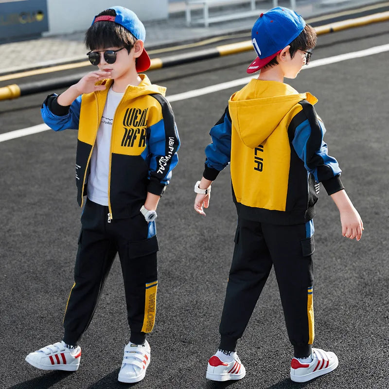 2026 winter spring Tracksuit Clothes Boys Teenager Kids zipper splicing Child set jacket hooded + striped Pant 8 9 10 11 12 year