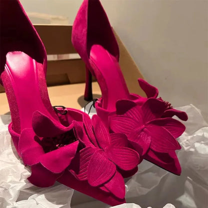 Elegant Woman High Heeled Shoes Sweet Rose Closed Toe Footwear 2023 Summer Slingback Pointed Fashion Dress Ladies Sandals