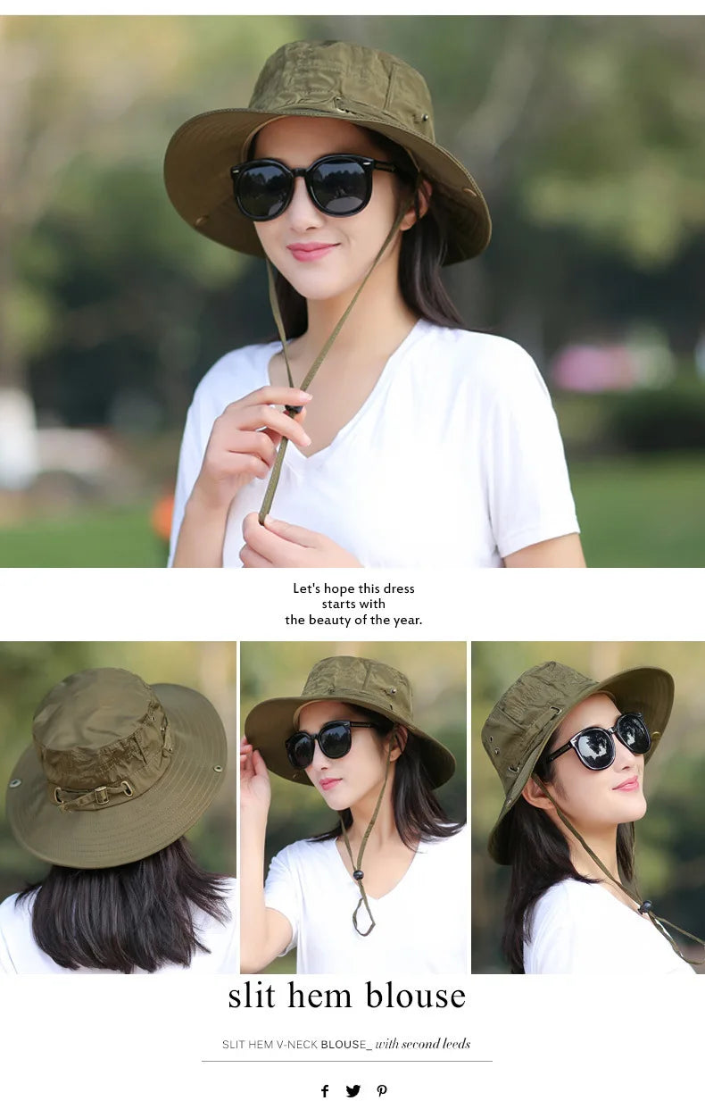 Unisex Summer Sunscreen Wide Brim Bucket Hats Women UV Protection Waterproof