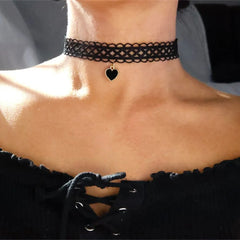 Vintage Fashion Black Lace Heart-Shape Artificial Pearl Pendant Necklace Female Women