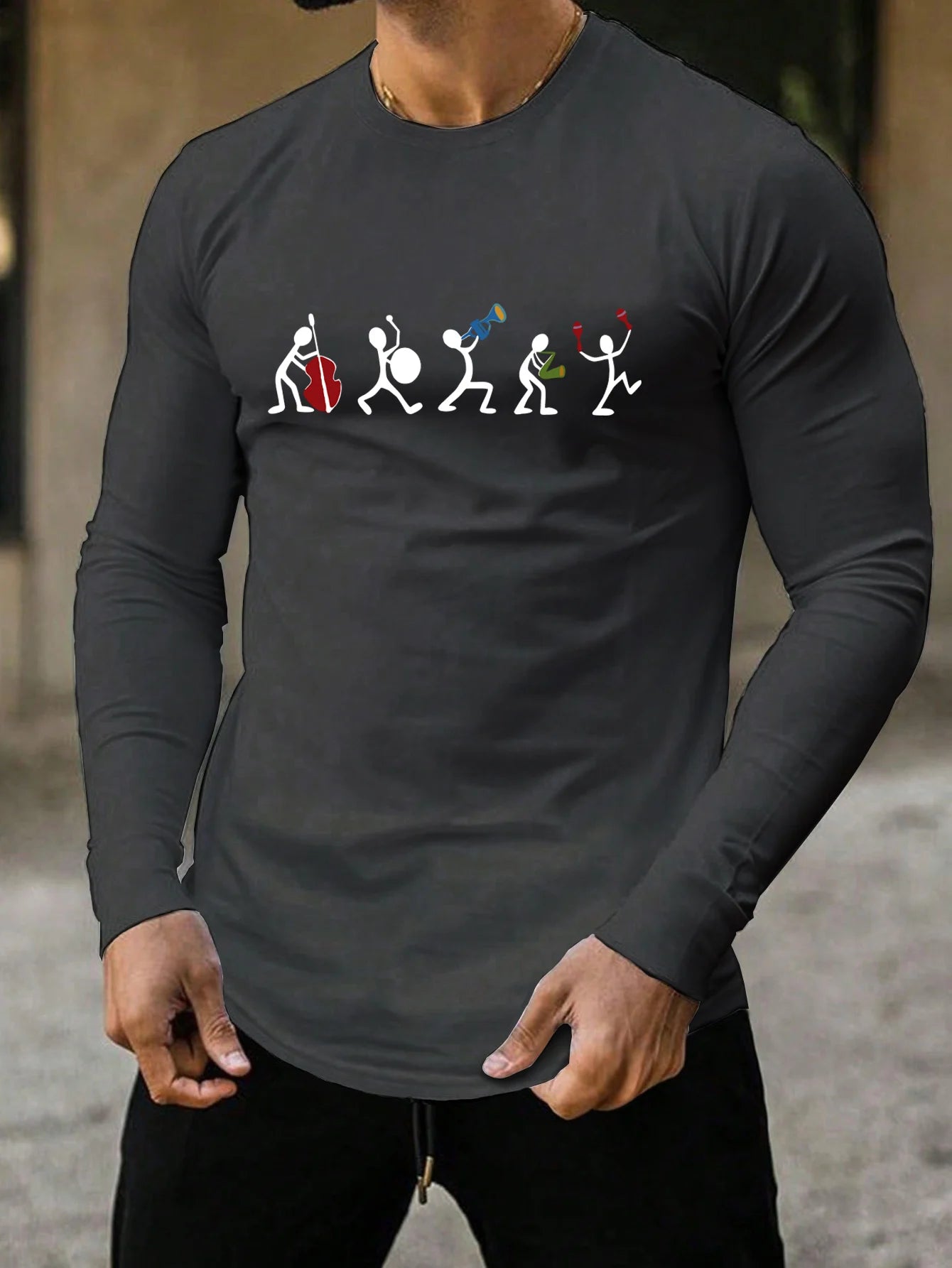 Trendy new long-sleeved t-shirt men's simple printed round neck T-shirt trend versatile casual tops men's T-shirt