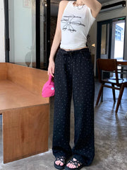 Black Polka Dot Straight Jeans Women High-waisted Loose Wide Leg Pants