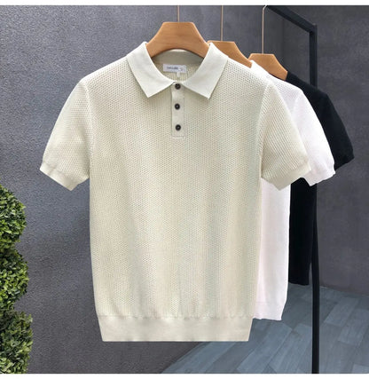 Turn Collar Knit Polo Shirt Short Sleeve Mens Sweater Top