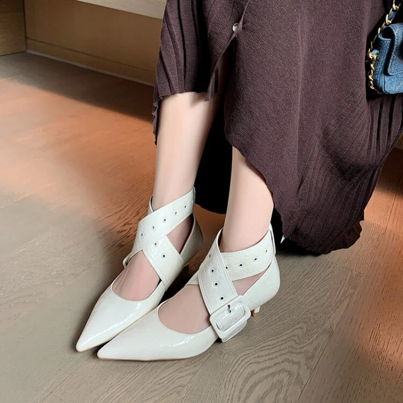 Real Leather Women Crocodile Thin Heeled Pumps Big Buckle