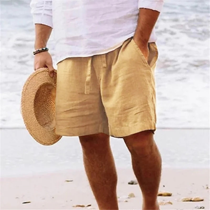 2025 New Summer New Men's Cotton Linen Breathable Shorts Hawaii Beach Pants Male Solid Color Trousers Loose Versatile Streetwear