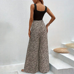 Fashion Vintage Leopard Print Wide-leg Pants Women Casual High-waisted Trouser