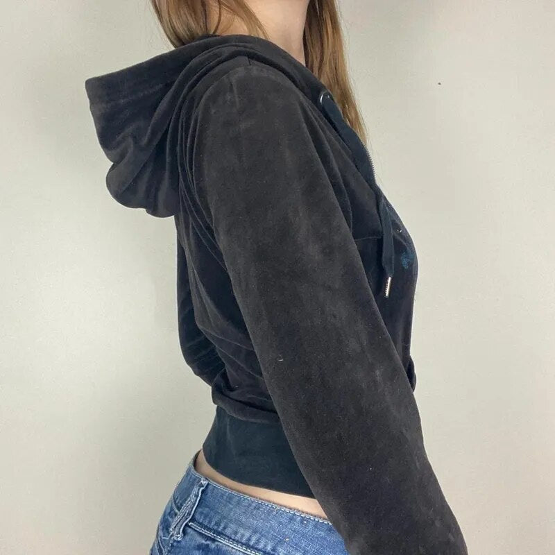 Aesthetic Vintage Slim Sweatshirts Embroidery Graphic Pattern Zip Up Hoodies Coats