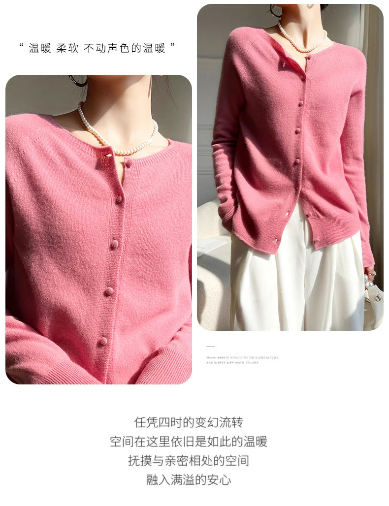 Women 100% Wool Cardigans Sweater Solid Casual Warm Outerwear