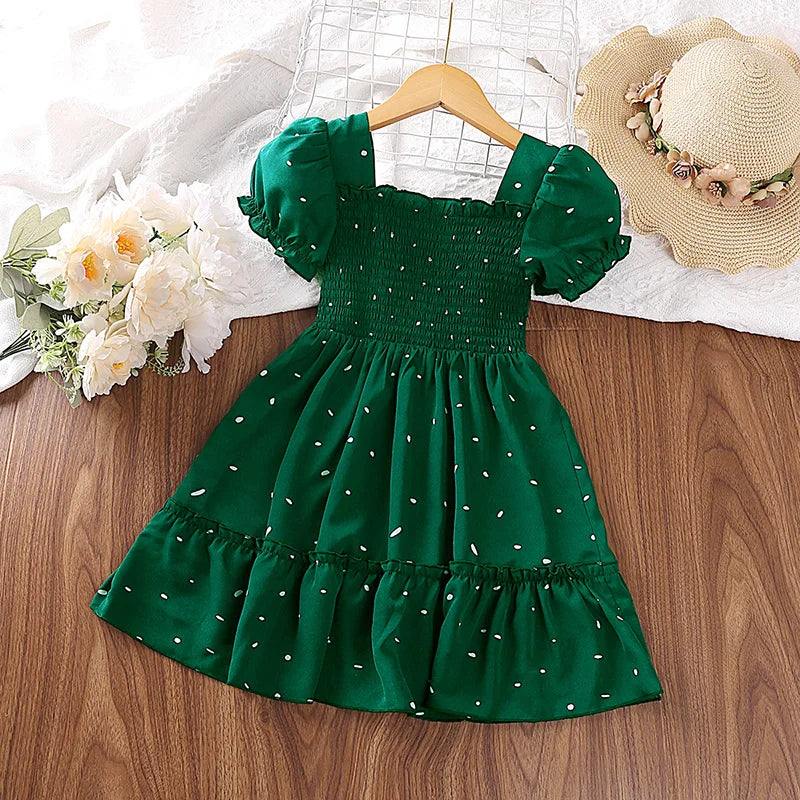 Dress Kids Girls Dark Green Cute Princess Dress 2-6 Years Short Sleeve Dress